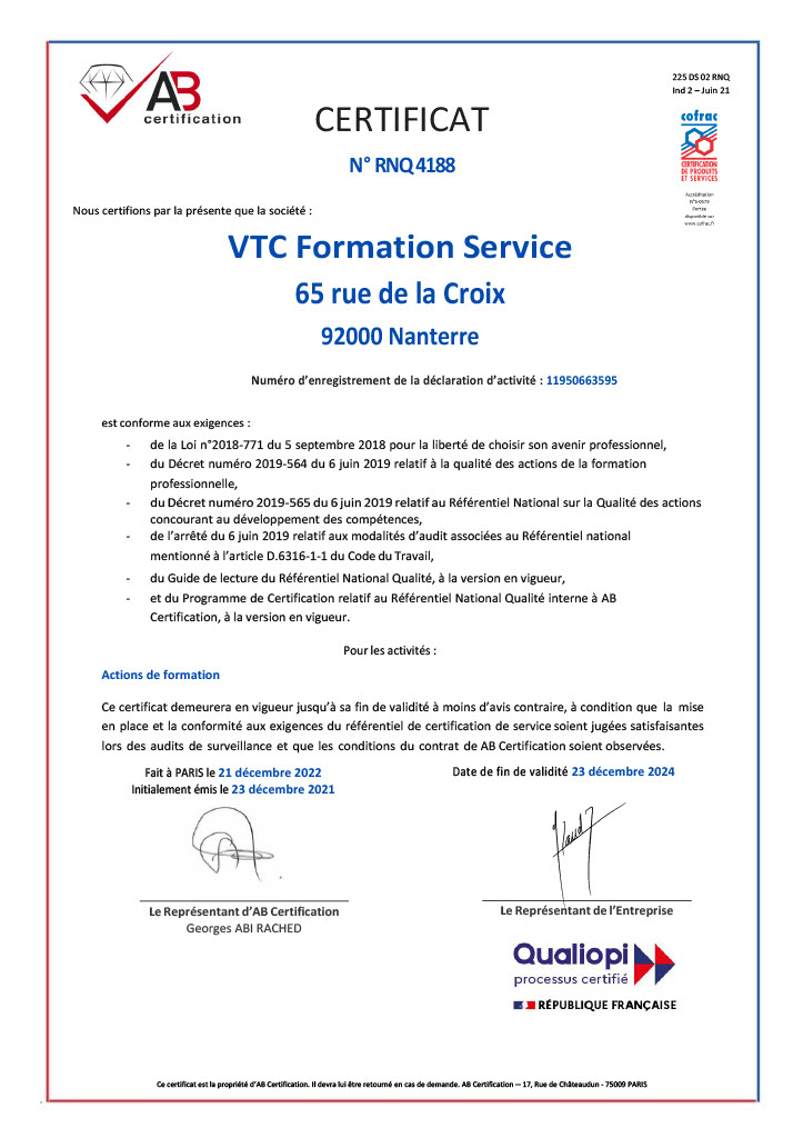 Certification Qualiopi VTC Formation Service
